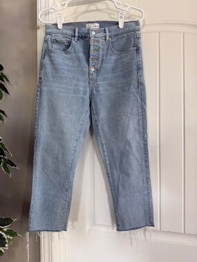 LOFT High Rise Button Fly Cropped Jeans Distressed Raw Hem Size 28/6